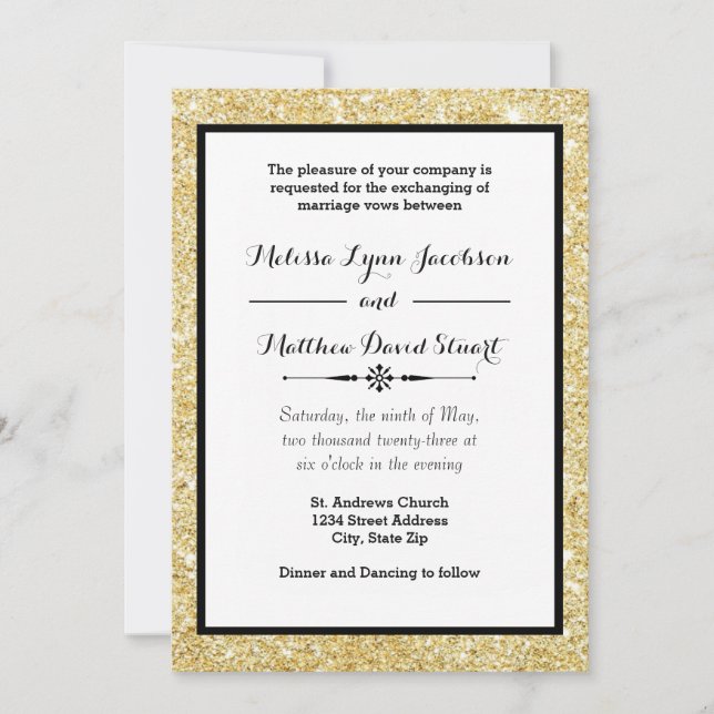 Gold Glitter & Black Frame - Wedding Invitation (Front)