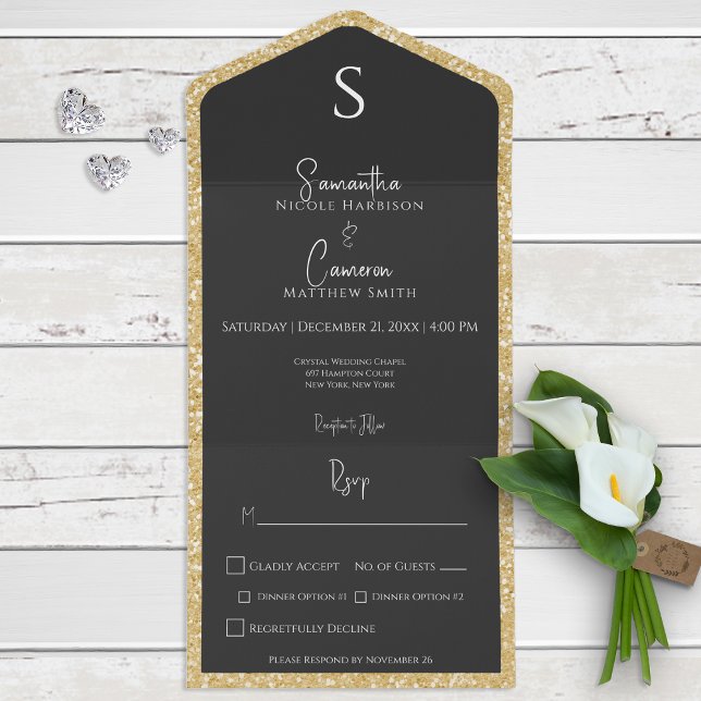 Gold Glitter & Black Glam Modern Dinner All In One Invitation (Creator Uploaded)