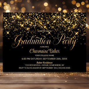 Gold Glitter Black Graduation Party Invitation