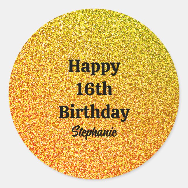 Gold Glitter Black Happy 16th Birthday Custom Name Classic Round Sticker (Front)