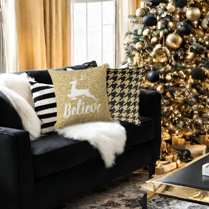 Gold Glitter & Black Houndstooth Reindeer Believe Throw Pillow