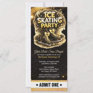 Gold Glitter Black Ice Skating Birthday Ticket  Invitation