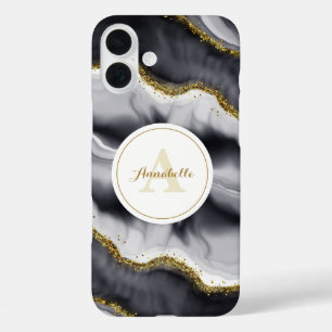 Gold Glitter Black Monogram iPhone 16 Plus Case