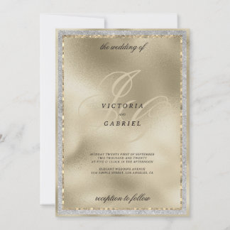 Gold glitter black monogram initial wedding invitation