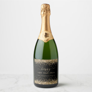 Gold Glitter Black Name Happy New Year 2025 Sparkling Wine Label