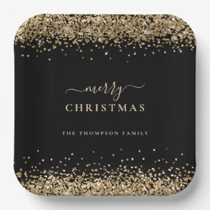 Gold Glitter Black Name Merry Christmas Paper Plate