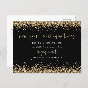 Gold Glitter Black New Adventures Engagement Postcard