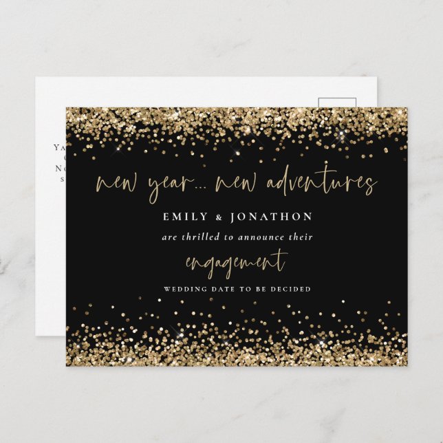 Gold Glitter Black New Adventures Engagement  Postcard (Front/Back)