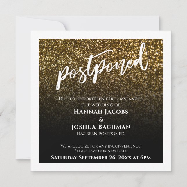Gold Glitter Black Ombre Postponed Wedding Card (Front)