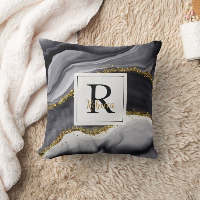 Gold Glitter Black Personalize Name Throw Pillow (Blanket)