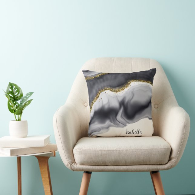Gold Glitter Black Personalize Throw Pillow (Chair)