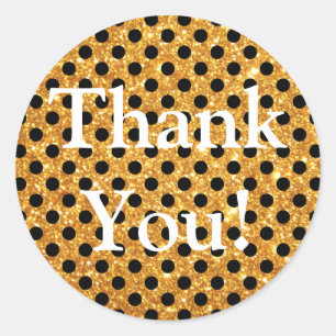 Gold Glitter Black Polka Dots Thank You Classic Round Sticker