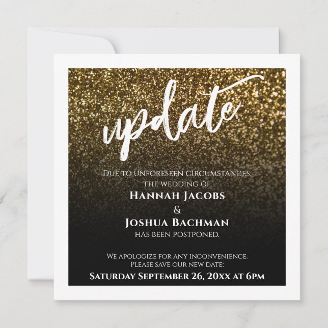 Gold Glitter & Black Postponed Wedding Update Card (Front)