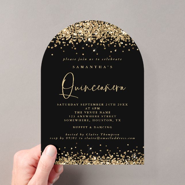 Gold Glitter Black Quinceanera Birthday Party Acrylic Invitations (Insitu (Handheld))