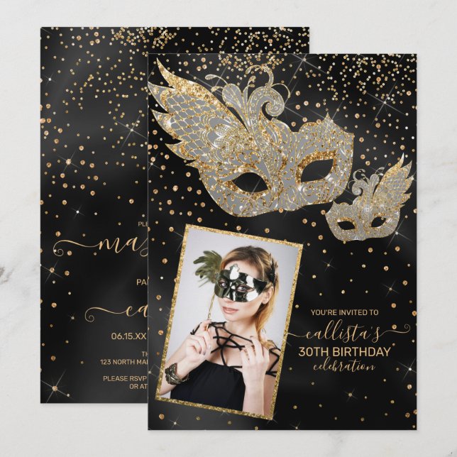 Gold Glitter Black Silk Masquerade Birthday Photo Invitation (Front/Back)