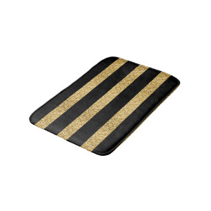 Gold Glitter Black Stripes Pattern Monogram Bath Mat