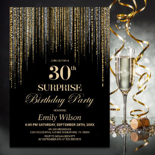 Gold Glitter Black Surprise 30th Birthday Party Invitation