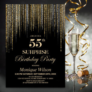 Gold Glitter Black Surprise 55th Birthday Party Invitation