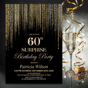 Gold Glitter Black Surprise 60th Birthday Party Invitation