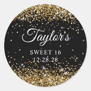 Gold Glitter Black Sweet 16 Classic Round Sticker