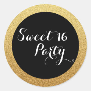 Gold Glitter Black Sweet 16 Favour Seal Sticker