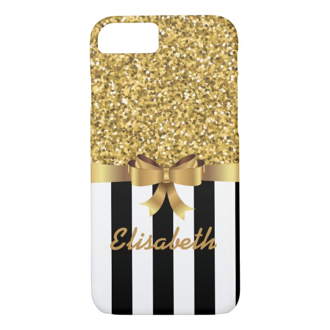 GOLD GLITTER BLACK vertical STRIPES BOW MONOGRAM Case-Mate iPhone Case (Back)