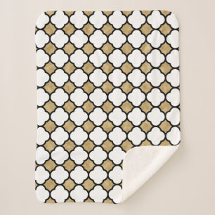 Gold Glitter Black White Geometric Quatrefoil Sherpa Blanket
