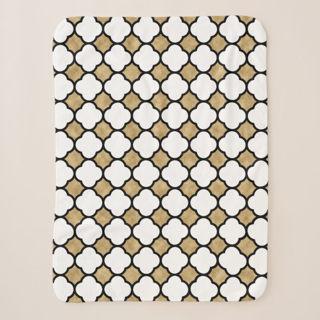 Gold Glitter Black White Geometric Quatrefoil Sherpa Blanket (Front)