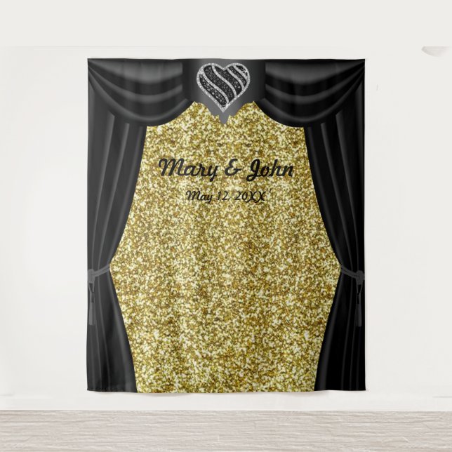 Gold Glitter Black & White Heart Black Curtain Tapestry (Front)