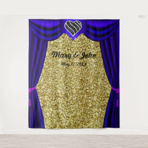 Gold Glitter Black & White Heart Blue Curtain Tapestry