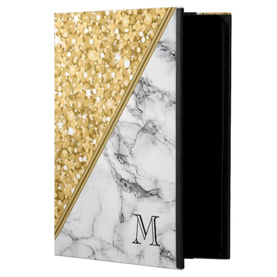 Gold Glitter Black White Marble Monogram Case For iPad Air