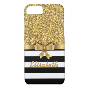 Gold GLITTER BLACK white stripe GOLD BOW MONOGRAM Case-Mate iPhone Case