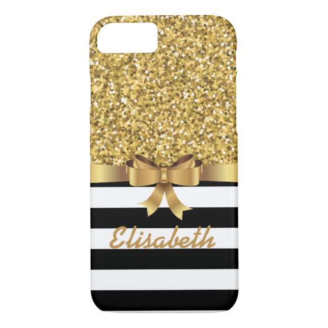 Gold GLITTER BLACK white stripe GOLD BOW MONOGRAM Case-Mate iPhone Case (Back)