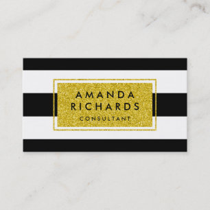 Gold Glitter Black White Stripes Business Card