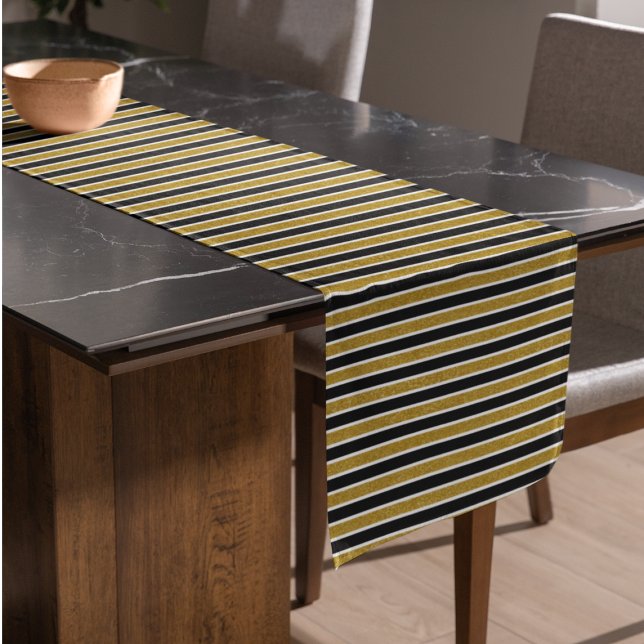 Gold Glitter Black & White Stripes Table Runner (Creator Uploaded)