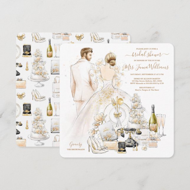Gold Glitter Blonde Bride Bridal Shower Invitation (Front/Back)