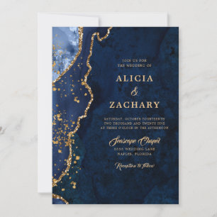 Gold Glitter Blue Agate Wedding Invitation