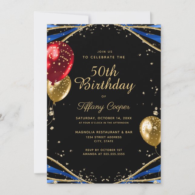 Gold Glitter Blue Agate Womans 50th Birthday Invitation (Front)