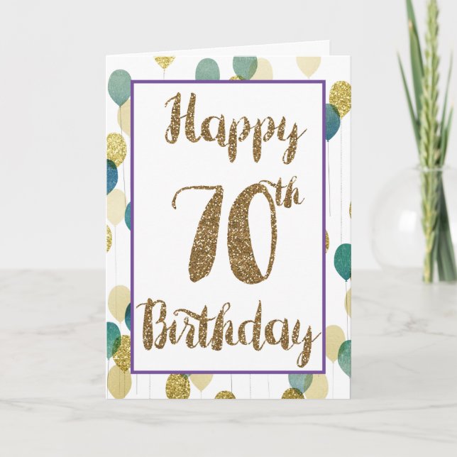 Gold Glitter Blue Balloons 70th Birthday Card (Front)