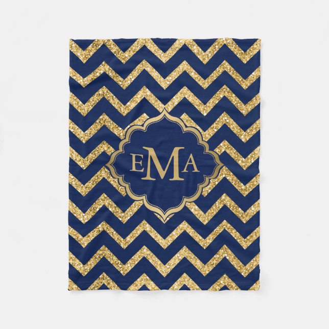 Gold Glitter Blue Chevron Zigzag Pattern Monogram Fleece Blanket (Front)