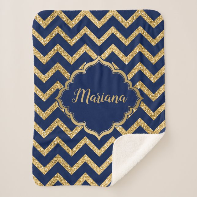 Gold Glitter Blue Chevron Zigzag Pattern Sherpa Blanket (Front)