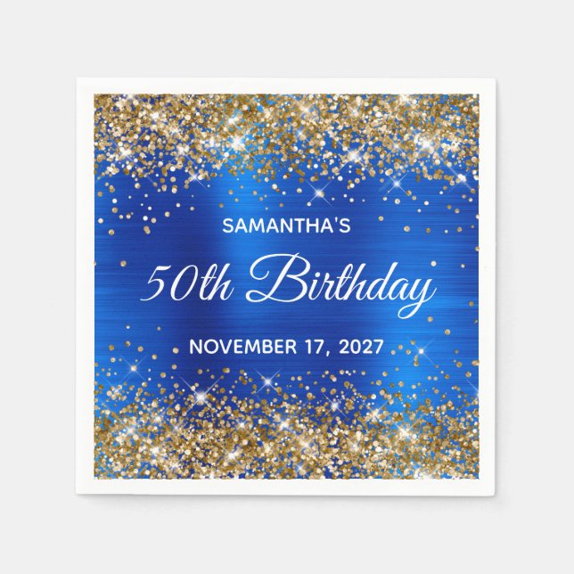 Gold Glitter  Blue Foil 50th Birthday Napkin (Front)
