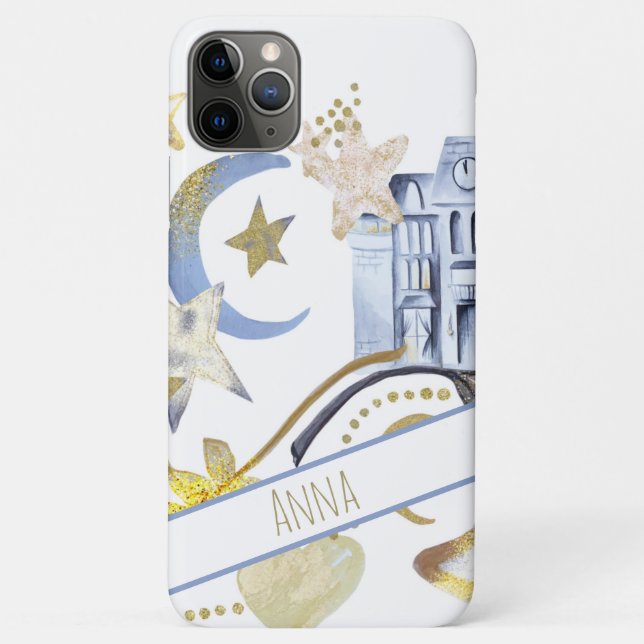 *~*  Gold Glitter  Blue Moon Stars Heart Castle Case-Mate iPhone Case (Back)