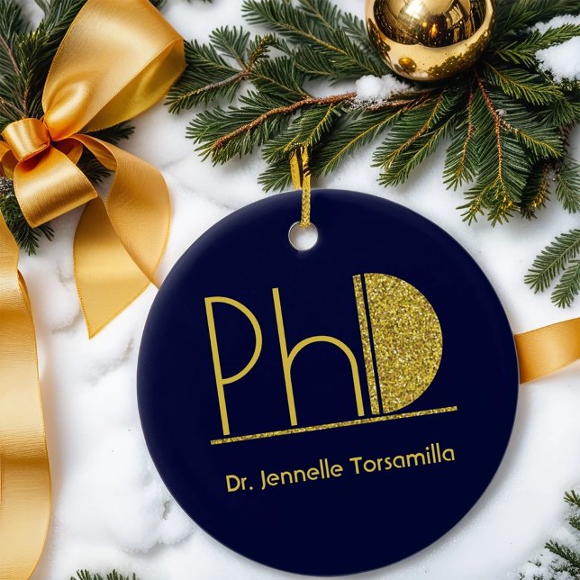 Gold Glitter Blue PhD Graduation Ceramic Ornament (Get this keepsake ornament for your PhD graduate.)