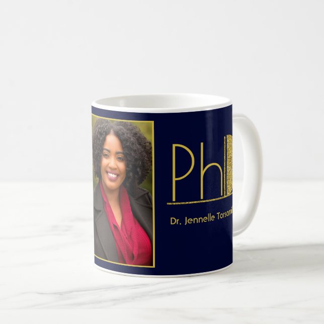 Gold Glitter Blue Photo PhD Graduation Coffee Mug (Front Right)
