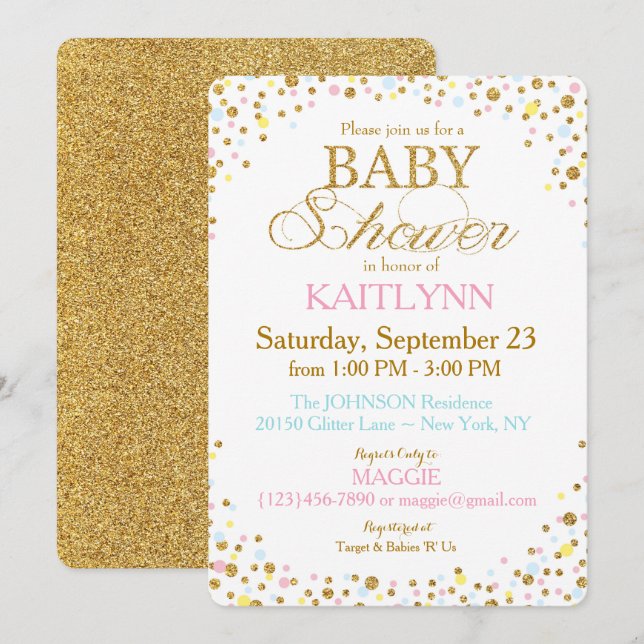 Gold Glitter Blue Pink Yellow Sprinkle Baby Shower Invitation (Front/Back)