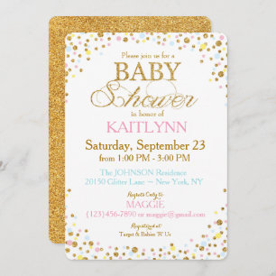 Gold Glitter Blue Pink Yellow Sprinkle Baby Shower Invitation