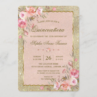 Gold Glitter Blush Floral Quinceañera Birthday Invitation
