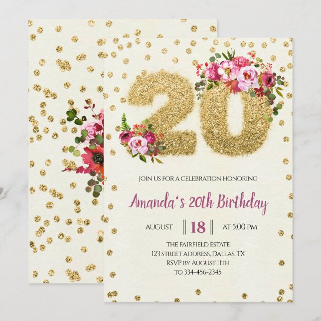 Gold Glitter Blush Pink 20th Birthday Invitation (Front/Back)