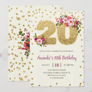 Gold Glitter Blush Pink 20th Birthday Invitation